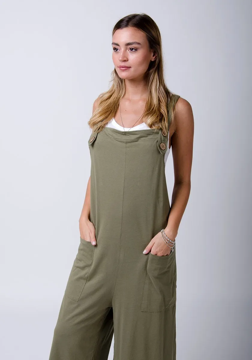 AMBER Loose Fit Jersey Dungarees - Khaki