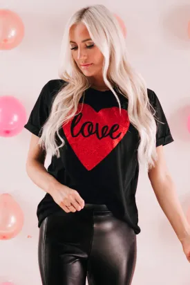 Black Heart Shaped Love Glitter Casual T-shirt