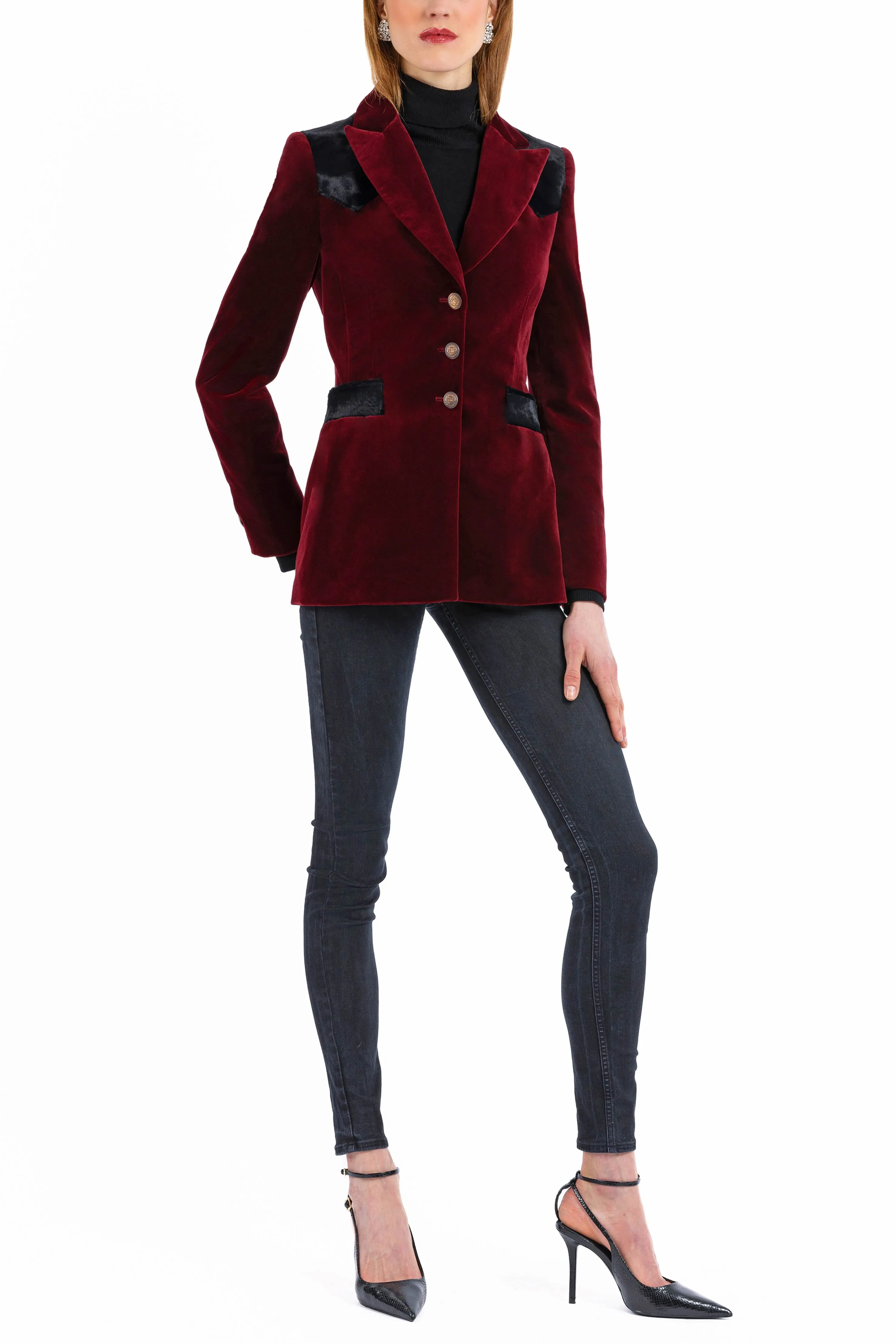 Blazer in deep crimson-red velvet with black pony-hair-velvet accents