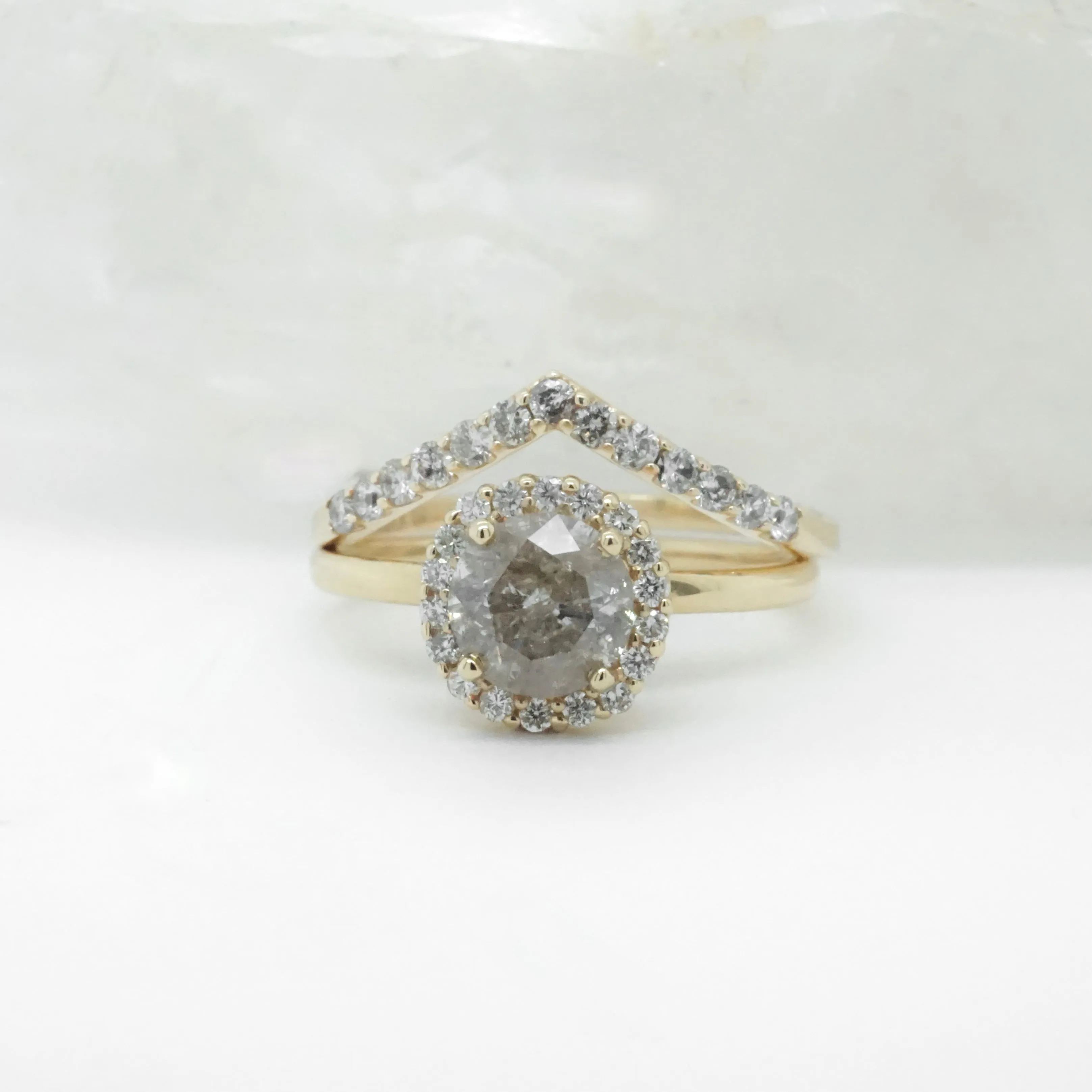 Champagne Diamond Engagement Ring - Salt and Pepper Diamond Halo Engagement Ring -