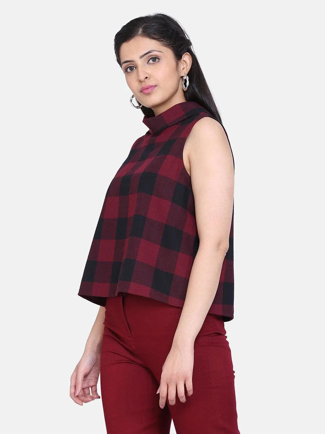 Check Cotton Trapeze Top - Wine Red