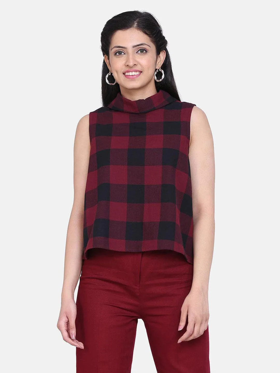 Check Cotton Trapeze Top - Wine Red