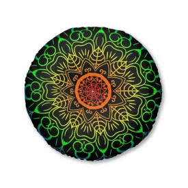 Handmade Mandala Art Tufted Floor Cushion - Rainbow on Black Background