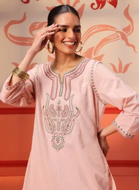 Khurshid Salmon Pink Embroidered Cotton Linen Designer Kurta Set for Women