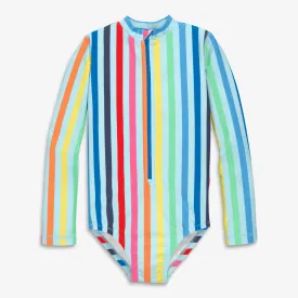 Long sleeve one-piece rash guard in rainbow sky stripe